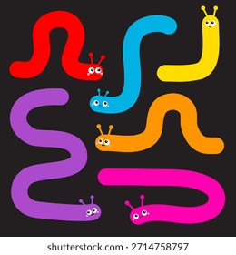 Conjunto de orugas. Icono de insecto. Lindo bicho gateando. Dibujos animados divertidos kawaii bebé personaje animal. Cara sonriente. Colorido azul brillante verde amarillo rojo naranja color rosa. Diseño plano. Vector de fondo negro