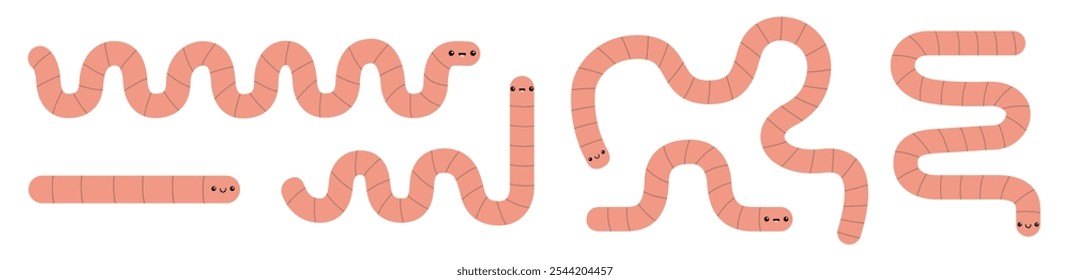 Anuncio de línea Caterpillar. Icono de insecto Abstractas rosa. Dibujos animados divertidos kawaii bebé personaje animal. Linda colección de bichos arrastrándose. Cara sonriente. Diseño plano. El fondo blanco. Aislado. Vector