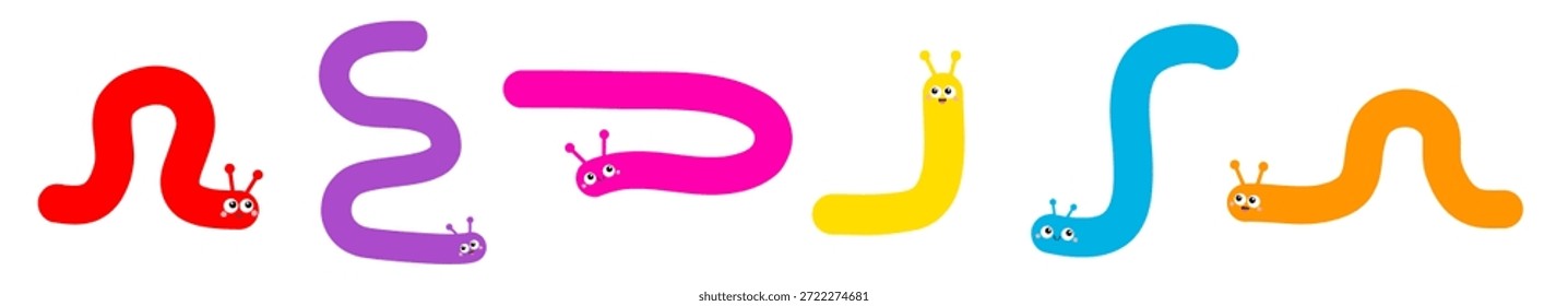Línea de juego de Caterpillar. Icono de insecto. Lindo bicho gateando. Dibujos animados divertidos kawaii bebé personaje animal. Cara sonriente. Colorido azul brillante verde rojo naranja color rosa. Diseño plano. Vector de fondo blanco
