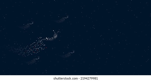 A caterpillar symbol filled with dots flies through the stars leaving a trail behind. There are four small symbols around. Vector illustration on dark blue background with stars