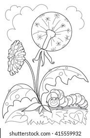 Caterpillar under the flower. Merry caterpillar hiding under a flower dandelion leaves near. Coloring page. 
