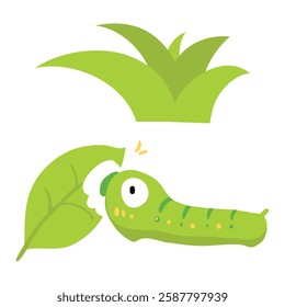 Caterpillar vector illustration. Cute cartoon caterpillar with green leaves