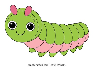 Caterpillar Vector Illustration | Linocut, Kawaii, Cartoon, Clipart, Line Art Design.