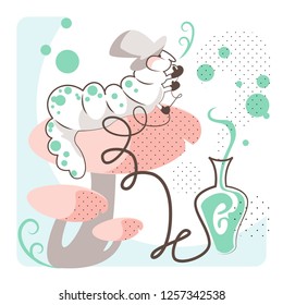 The Caterpillar wearing a top hat, settled in a big pink cap, smoking a green hookah. Blue and dots background, vector illustration