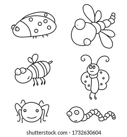 caterpillars, butterfly, spider, beetle funny insects. Cute insects in doodle style isolated on white background. Vector outline stock illustration.Textile kids print on t shi