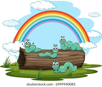 Caterpillars on log with rainbow background