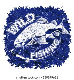 Catfish blue logo. Illustration with grunge background. Fishing theme vector can be used for creating logo and emblem for fishing clubs, prints, web and other crafts.