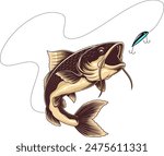 Catfish Catching The Fishing Lure Graphic Design. Vector Hand Drawn Illustration Isolated On Transparent Background