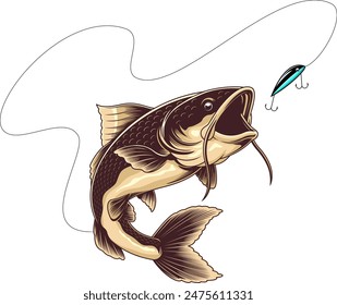 Catfish Catching The Fishing Lure Graphic Design. Vector Hand Drawn Illustration Isolated On Transparent Background