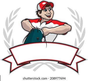 Catfish Champion. Illustration of a pro fisherman holding a catfish behind a banner.
