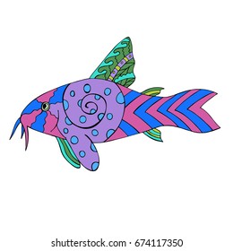 Catfish colorful doodle with abstract pattern. Vector illustration. Hand drawn zentangle. Ornamental pattern for print, poster, tattoo and t-shirt design. Made by trace from sketch.