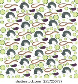 catfish, eel with cucumber and eggplant as a pattern background