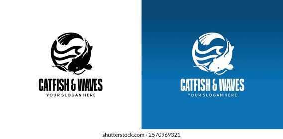 Catfish logo design with vector illustration of waves in a circle