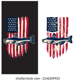 Catfish on american flag background. Design element for emblem, sign, badge, logo. Vector illustration