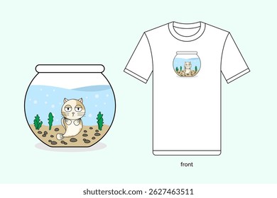 catfish in round aquarium illustration vector design with T-shirt mockup. EPS 10