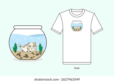 catfish in round aquarium illustration vector design with T-shirt mockup. EPS 10