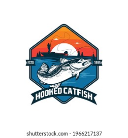 Catfish vector illustration in badge design style, perfect for tshirt design and fishing club logo