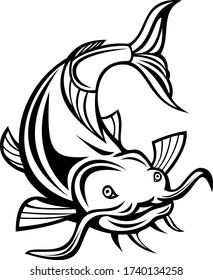 Catfish or Wels Catfish Attacking Front Cartoon Black and White