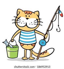 cat-fisher - cat with fishing rod and a fish in bucket