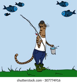cat-fisher - cat with fishing rod and a fish in bucket