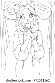 Cat-girl dressmaker fashion illustration for adult coloring book. Hand-drawn vector illustration. Black and white. Coloring book page for adults.
