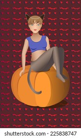 A Catgirl sitting on pumpkin on halloween party  svg