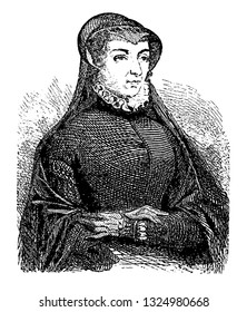 Catharin (Ambroise), Dominican of Florence, famous queen of France, born in Florence has faith in judicial astrology, vintage engraved line art illustration. Infernal Dictionary 1863.