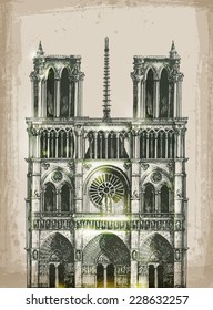 Cathed Cathedral of Notre Dame de Paris. Hand Drawn Illustration