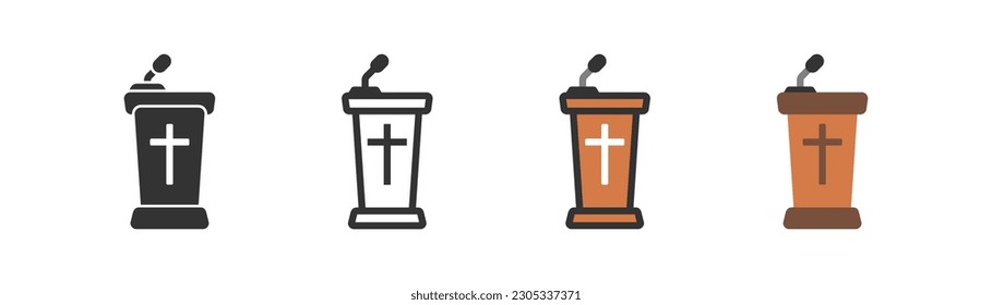 Cathedra icon on light background. Religion symbol. Priest, sermon, church, protestantism, catholicism, crucifixion, cross. Outline, flat and colored style. Flat design. 