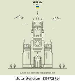 Cathedral of the Assumption of the Blessed Virgin Mary in Kharkiv, Ukraine. Landmark icon in linear style