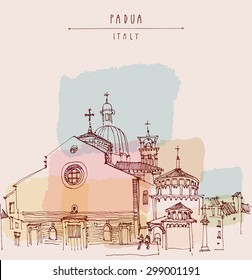 Cathedral of the Assumption of Mary of Padua, Roman Catholic church and minor basilica in Padua, Veneto, Italy. Isolated vector illustration. Historical building. Hand lettering. Postcard template