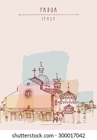 Cathedral of the Assumption of Mary of Padua, Roman Catholic church and minor basilica in Padua, Veneto, Italy. Isolated vector illustration. Historical building. Hand lettering. Postcard template