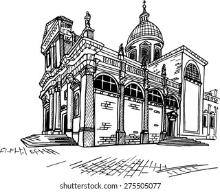 Cathedral - the Assumption of the Virgin Mary. Dubrovnik. Croatia. Vector sketch.