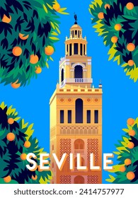 Cathedral Bell Tower Seville  handmade drawing vector illustration. Seville Andalusia Spain Poster.