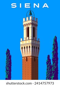 Cathedral Bell Tower Siena  handmade drawing vector illustration. Siena Tuscany Italy Poster.