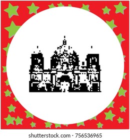 Cathedral in Berlin or Berliner Dom in Germany black 8-bit  vector illustration isolated on round white background with stars