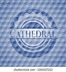 Cathedral blue badge with geometric pattern.