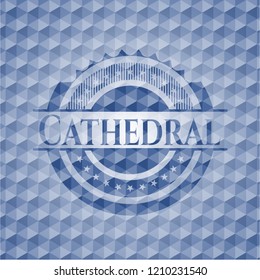 Cathedral blue emblem or badge with abstract geometric polygonal pattern background.