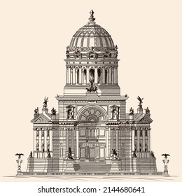 Cathedral building in the classical style with arches, statues and dome. Sketch on a beige background.