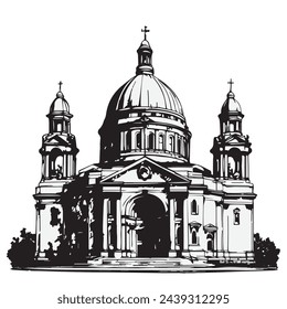 Cathedral building in the classical style with arches, statues and dome. Sketch on a white background.
