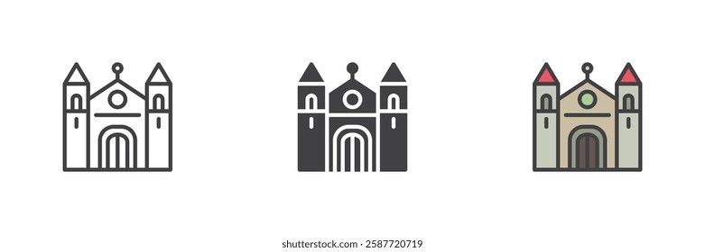 Cathedral building different style icon set. Line, glyph and filled outline colorful version, outline and filled vector sign. Church symbol, logo illustration. Vector graphics