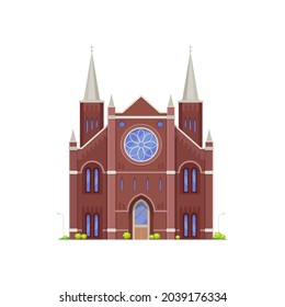 Cathedral building, medieval ancient church or notre dame, vector religion architecture. Christian temple or parish chapel with cross steeples on domes, flat facade icon