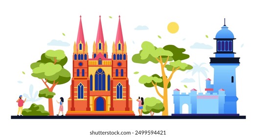 Cathedral and Cape Byron - modern colored vector illustration with the easternmost point of the Australian continent. Sights and world architecture, take a guided tour, landmarks and sightseeing idea
