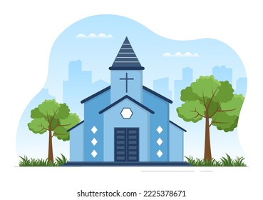 Cathedral Catholic Church Building with Architecture, Medieval and Modern Churches Interior Design in Flat Cartoon Hand Drawn Templates Illustration
