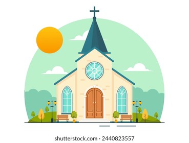 Cathedral Catholic Church Building Vector Illustration With Architecture, Medieval and Modern Churches Interior Design in Flat Cartoon Background