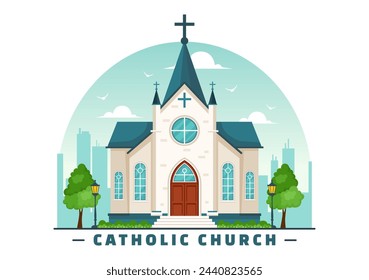 Cathedral Catholic Church Building Vector Illustration With Architecture, Medieval and Modern Churches Interior Design in Flat Cartoon Background