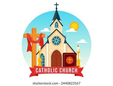 Cathedral Catholic Church Building Vector Illustration With Architecture, Medieval and Modern Churches Interior Design in Flat Cartoon Background