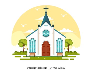 Cathedral Catholic Church Building Vector Illustration With Architecture, Medieval and Modern Churches Interior Design in Flat Cartoon Background