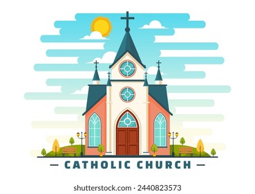 Cathedral Catholic Church Building Vector Illustration With Architecture, Medieval and Modern Churches Interior Design in Flat Cartoon Background