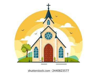 Cathedral Catholic Church Building Vector Illustration With Architecture, Medieval and Modern Churches Interior Design in Flat Cartoon Background